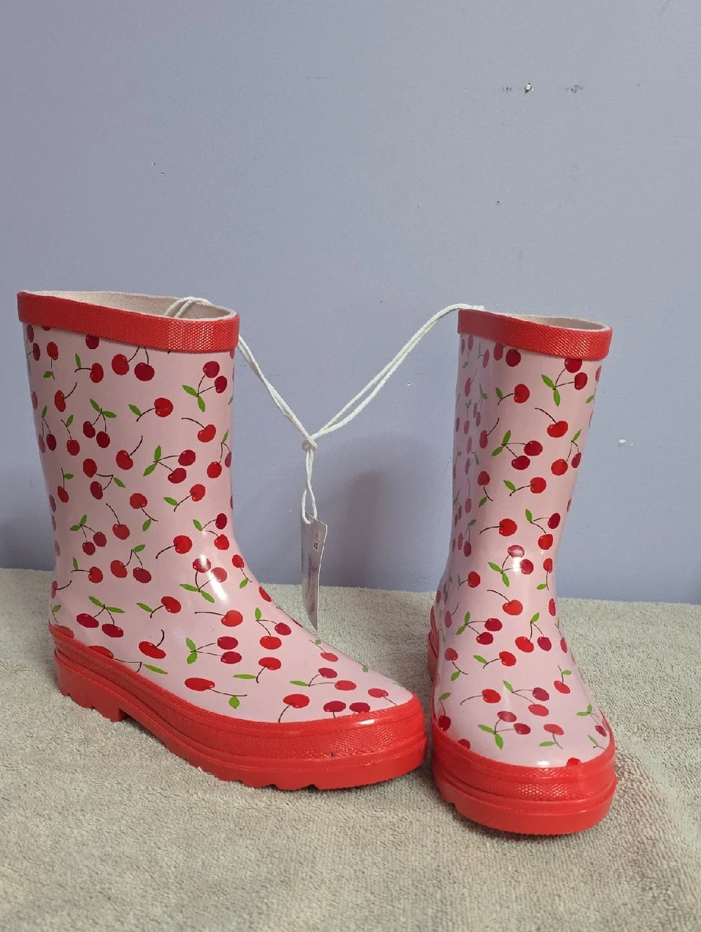 Kids Cherry Print Pink Rain‎ Boots with Red Trim